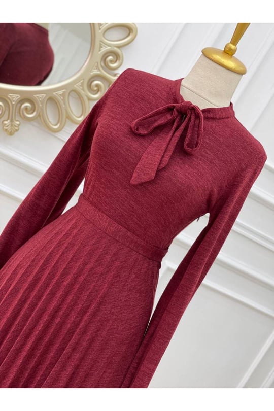 Fularlı Örme Elbise 3198-Bordo