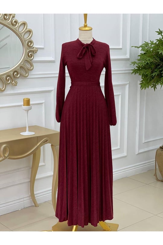 Fularlı Örme Elbise 3198-Bordo