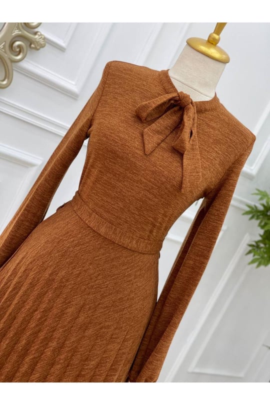 Fularlı Örme Elbise 3198-Kiremit