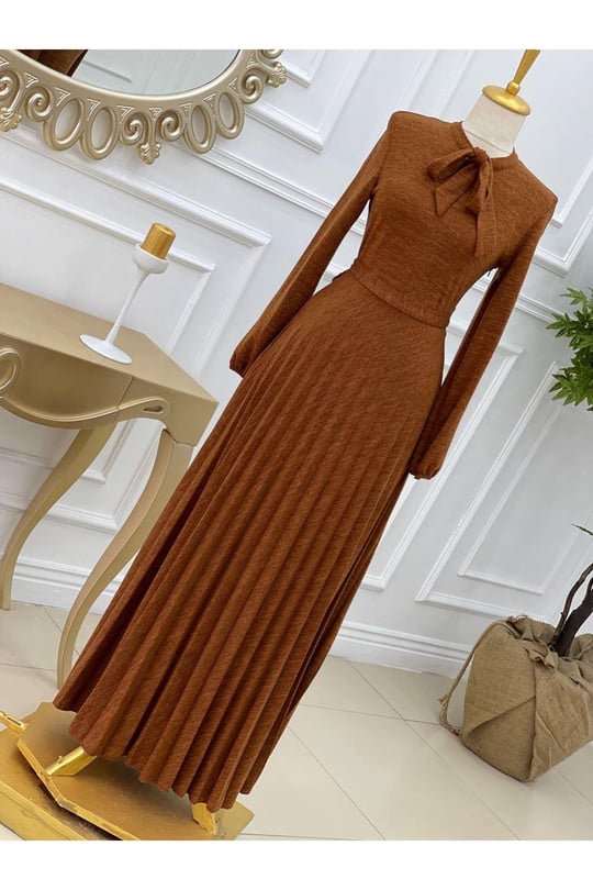 Fularlı Örme Elbise 3198-Kiremit