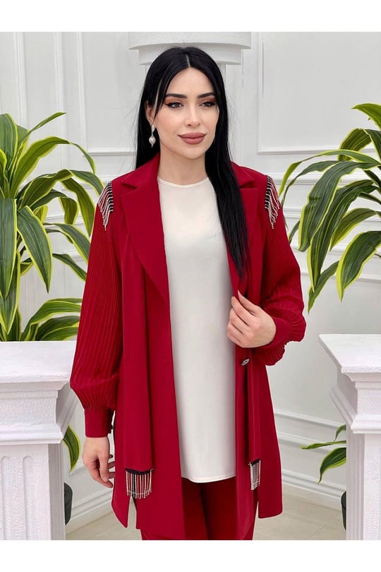 Fularlı Piliseli Ceketli Takım 5713-Kırmızı