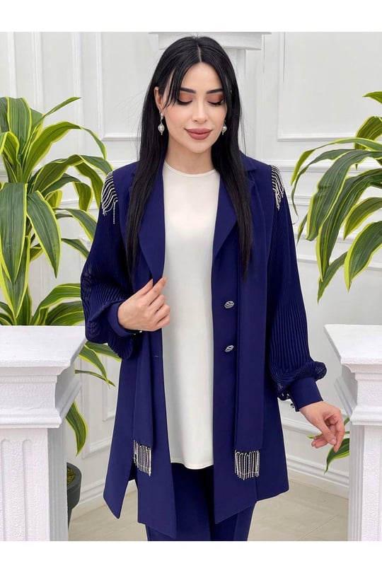 Fularlı Piliseli Ceketli Takım 5713-Saks