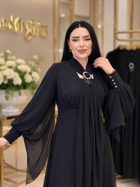 Fularlı Şifon Elbise 7075 T-26 Siyah