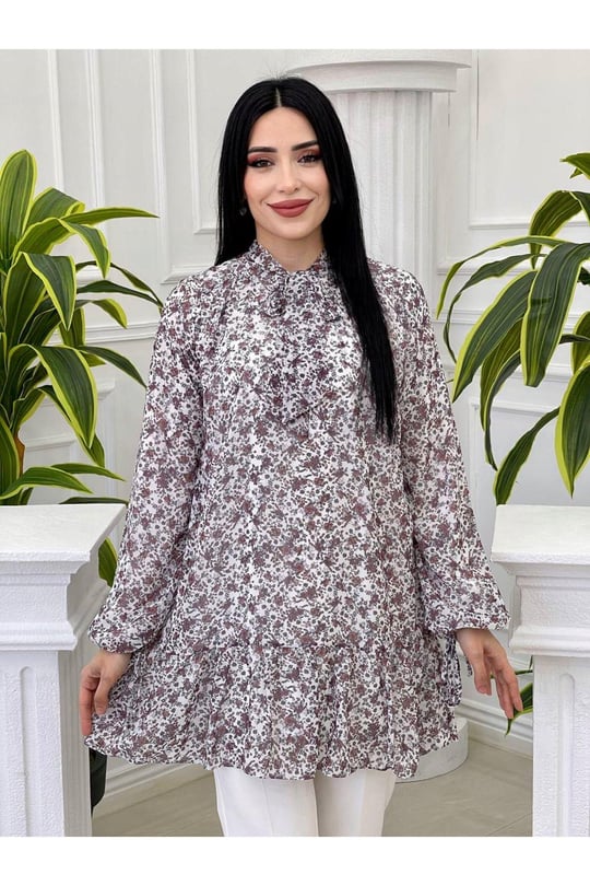 Fularlı Şifon Tunik 2068-Ekru