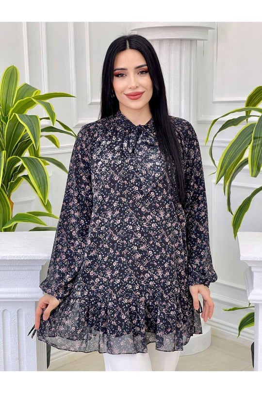 Fularlı Şifon Tunik 2068-Siyah
