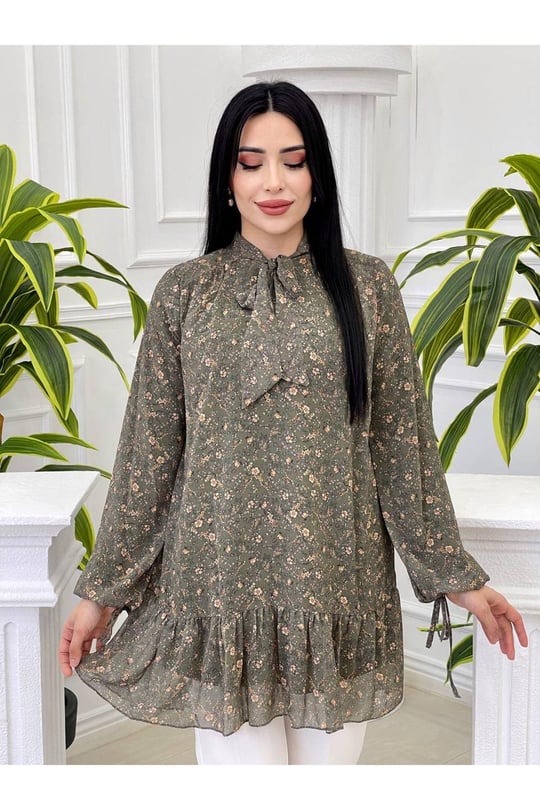 Fularlı Şifon Tunik 2068-Yeşil