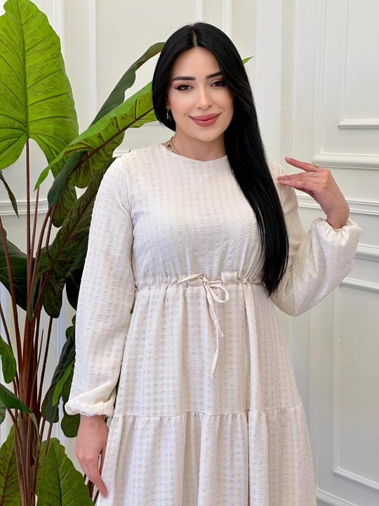 Göfre Kumaş Bel Bağçıklı Elbise 9534 e-25 Ekru