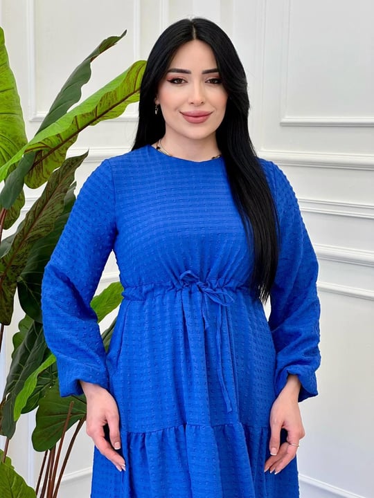 Göfre Kumaş Bel Bağçıklı Elbise 9534 e-25 Saks