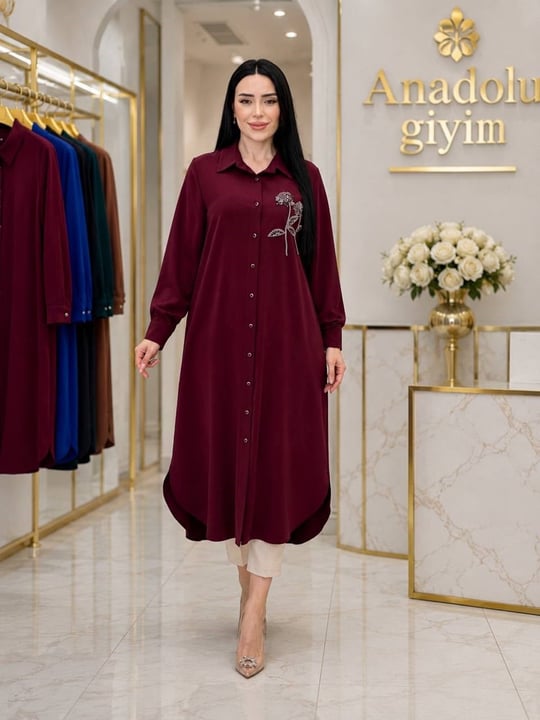 Göğüs Çiçek İşleme Uzun Düğmeli Tunik 2246 T-26 Bordo