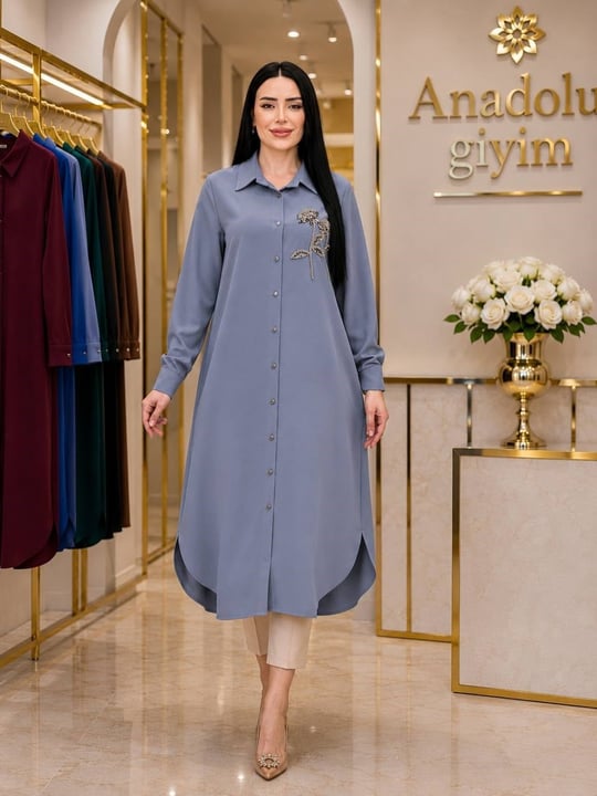 Göğüs Çiçek İşleme Uzun Düğmeli Tunik 2246 T-26 İndigo