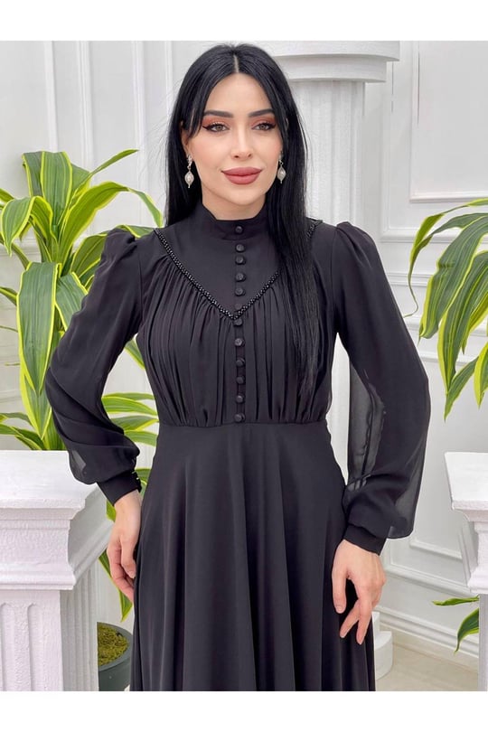 Gögüs Drape Düğmeli Şifon Elbise 12388-Siyah