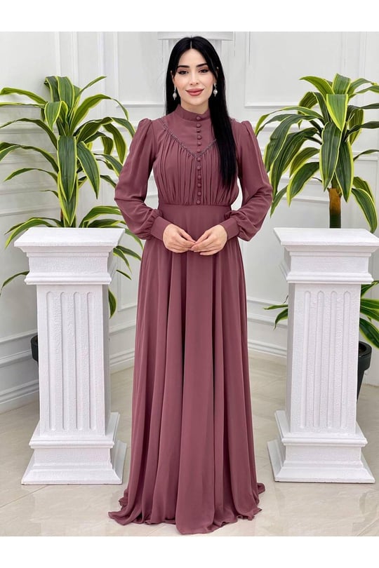 Gögüs Drape Düğmeli Şifon Elbise 12388-Rose