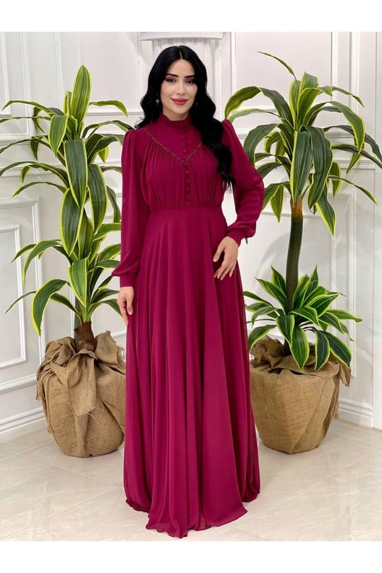 Gögüs Drape Düğmeli Şifon Elbise 12388-Vişne