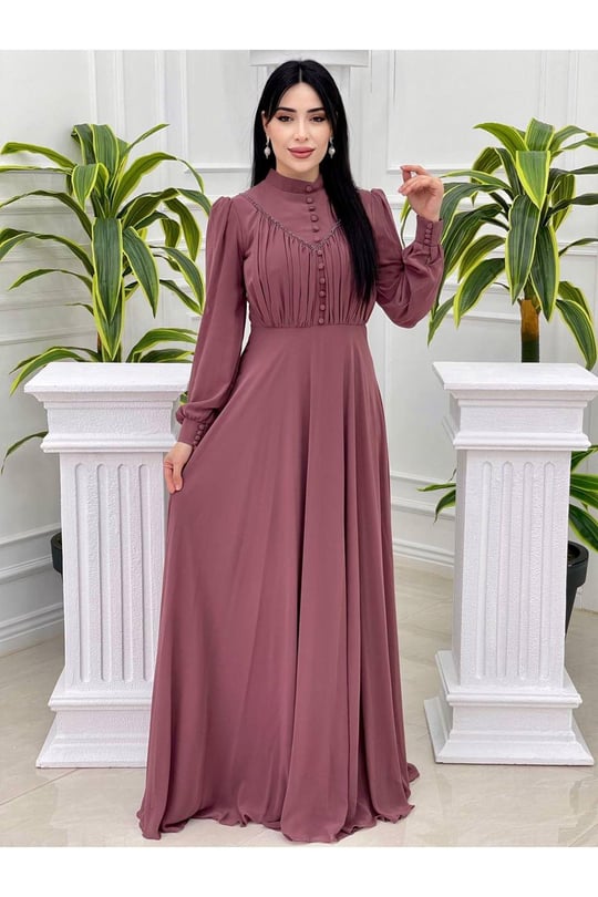 Gögüs Drape Düğmeli Şifon Elbise 12388-Rose