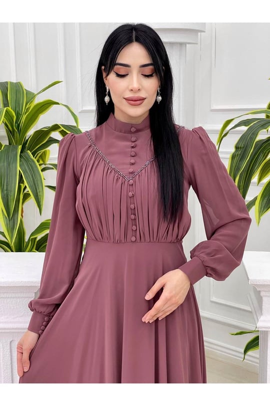 Gögüs Drape Düğmeli Şifon Elbise 12388-Rose