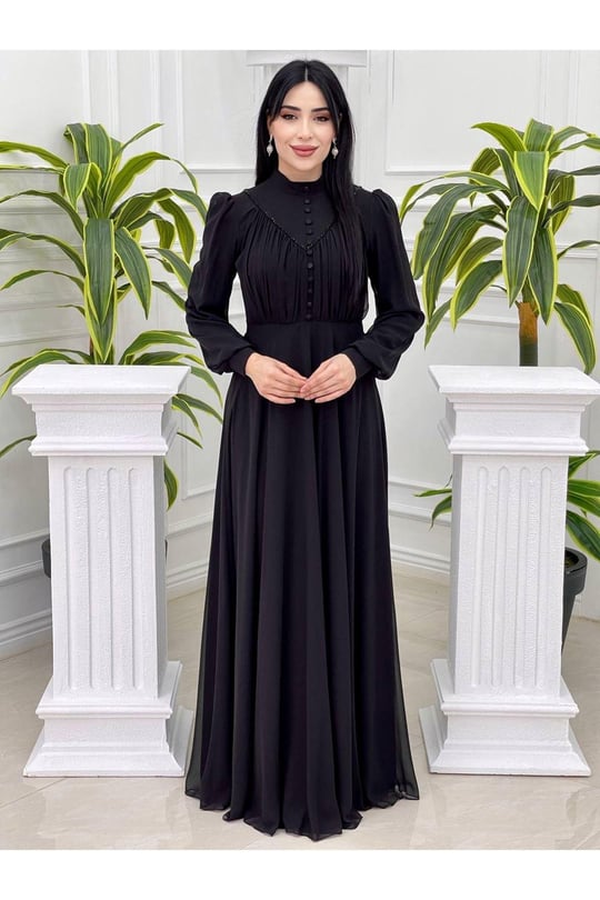 Gögüs Drape Düğmeli Şifon Elbise 12388-Siyah