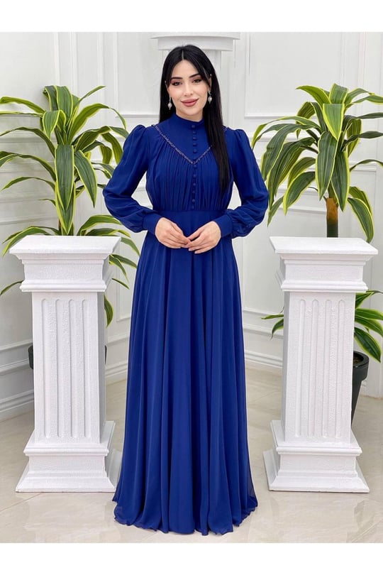 Gögüs Drape Düğmeli Şifon Elbise 12388-Saks