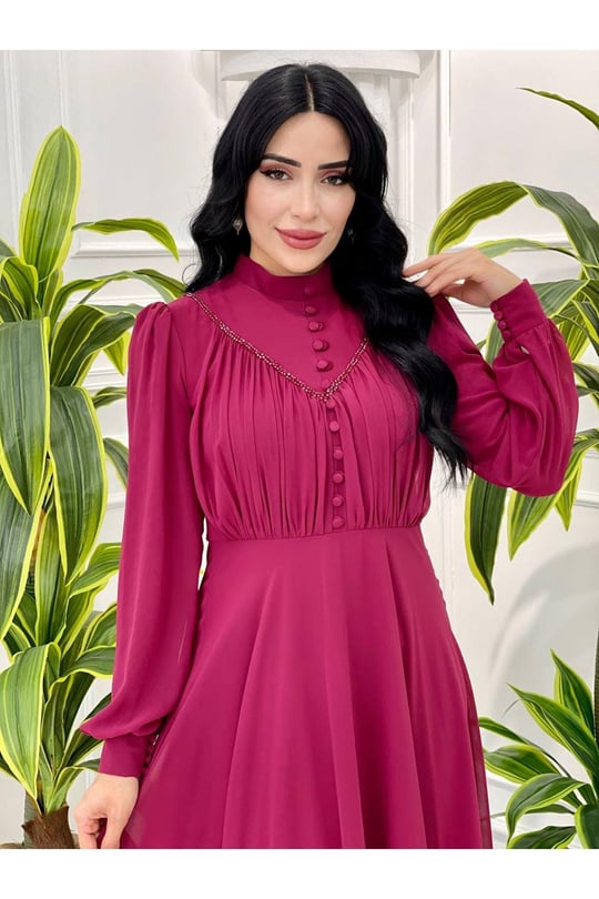 Gögüs Drape Düğmeli Şifon Elbise 12388-Vişne