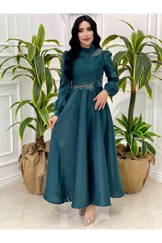 Gögüs Drape Jan Jan Elbise 12421-Zümrüt Yeşil