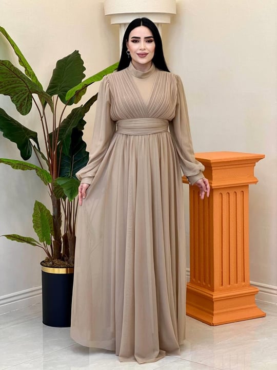 Göğüs Drape Tül Elbise 4632 T-25 Bej