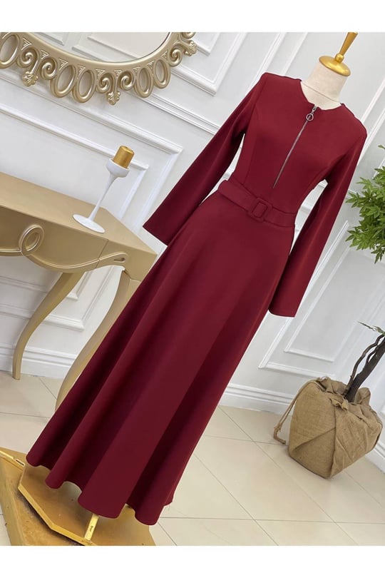 Gögüs Fermuarlı Penye Elbise 3228-Bordo