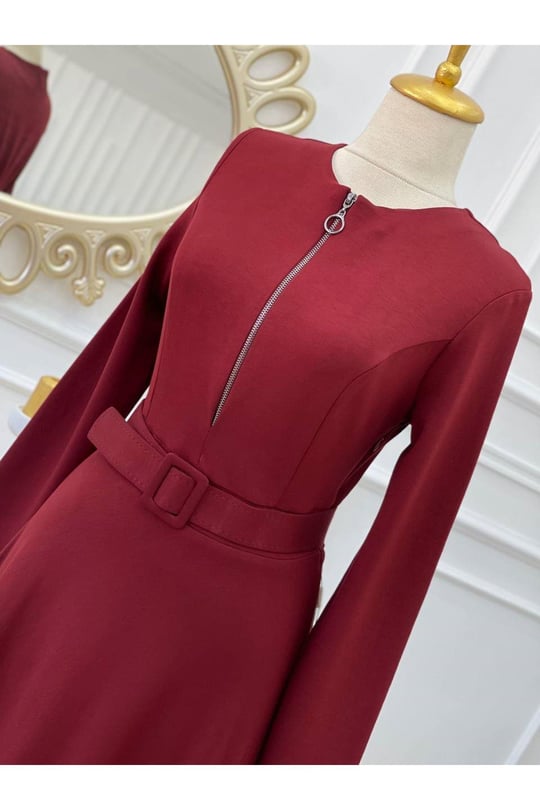 Gögüs Fermuarlı Penye Elbise 3228-Bordo