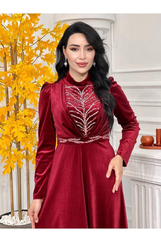 Gögüs Kemer İşleme Kadife Elbise 4284-Bordo