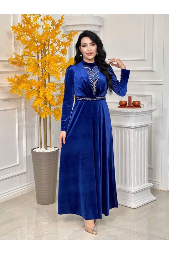 Gögüs Kemer İşleme Kadife Elbise 4284-Saks