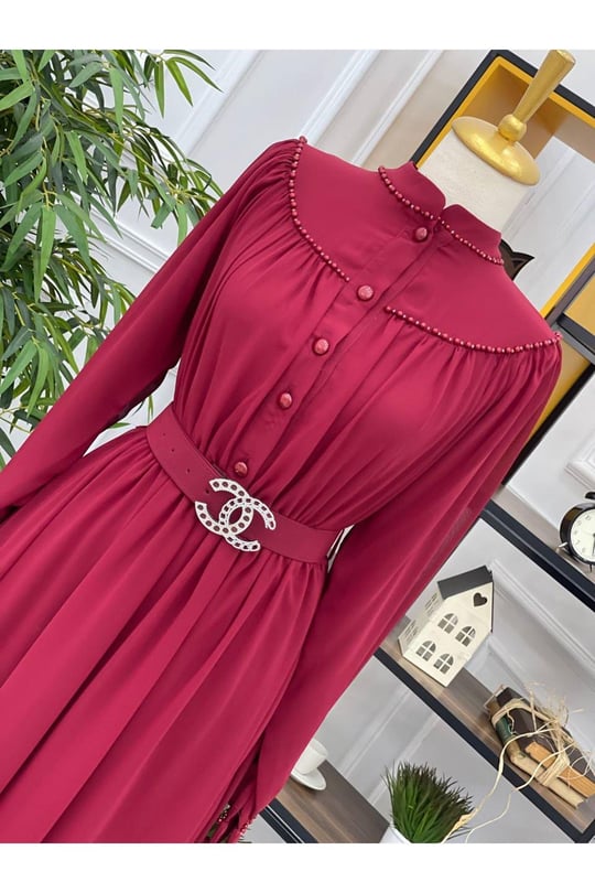 Göğüs Kol İnci Şerit Elbise 3328-Bordo