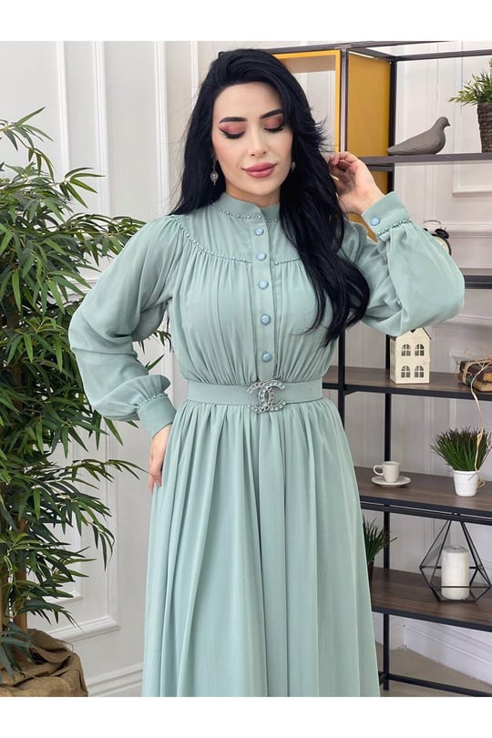 Göğüs Kol İnci Şerit Elbise 3328-Mint yeşili