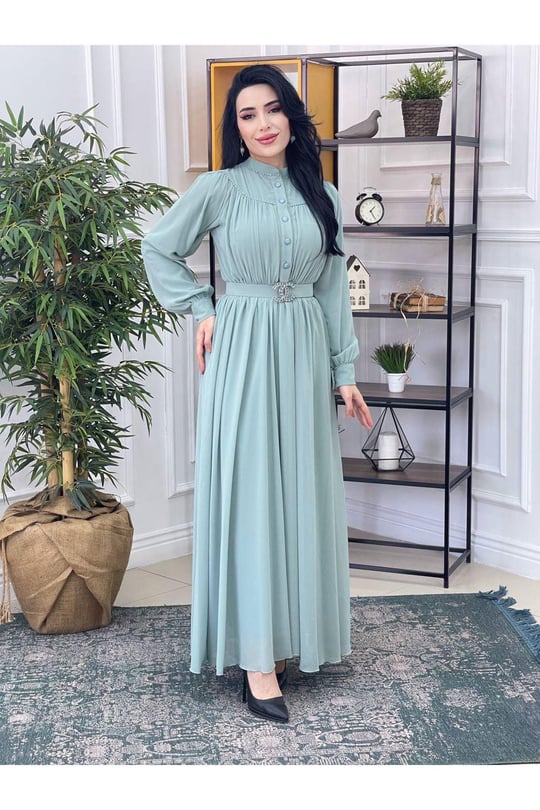 Göğüs Kol İnci Şerit Elbise 3328-Mint yeşili
