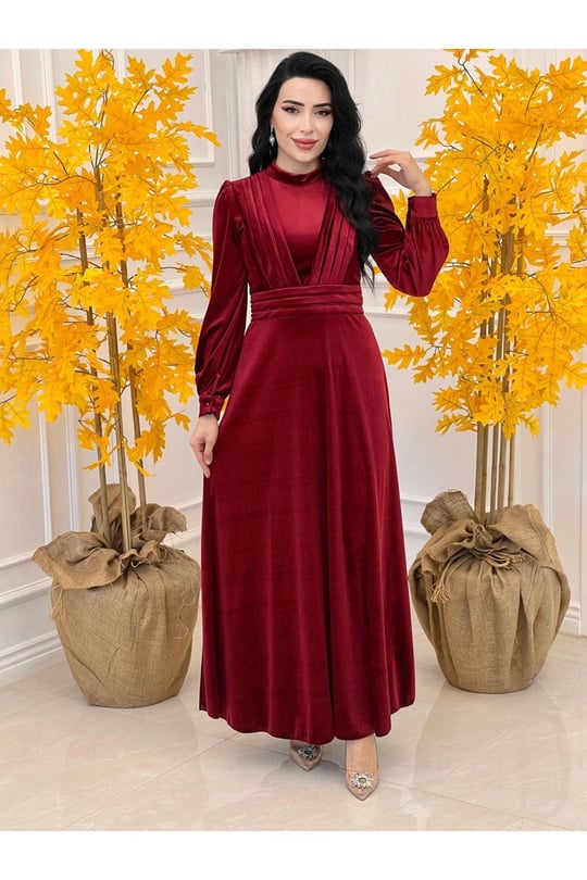 Gögüs Pile Kadife Elbise 4239-Bordo