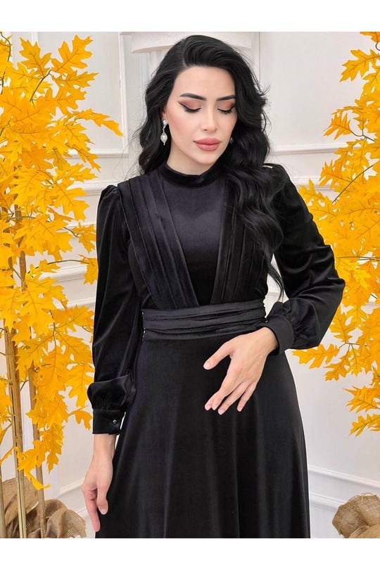 Gögüs Pile Kadife Elbise 4239-Siyah