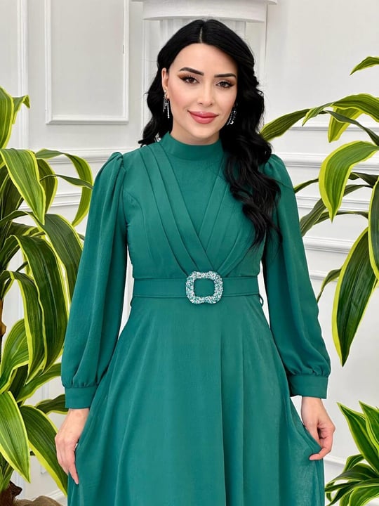 Göğüs Pile Kemerli Elbise 3479 T-24 Yeşil