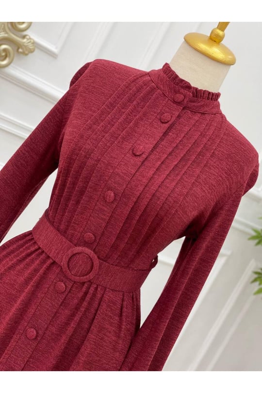 Gögüs Pile Örme Elbise 3214-Bordo