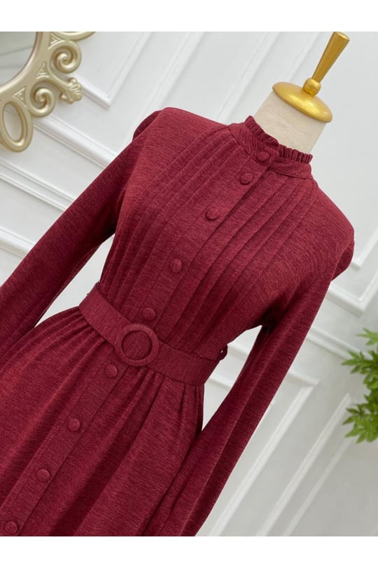 Gögüs Pile Örme Elbise 3214-Bordo