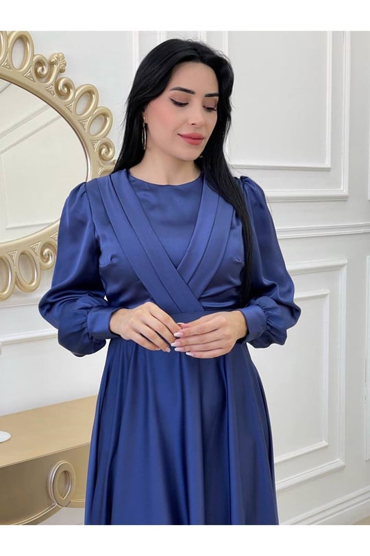 Göğüs Pile Saten Elbise 3367-Lacivert