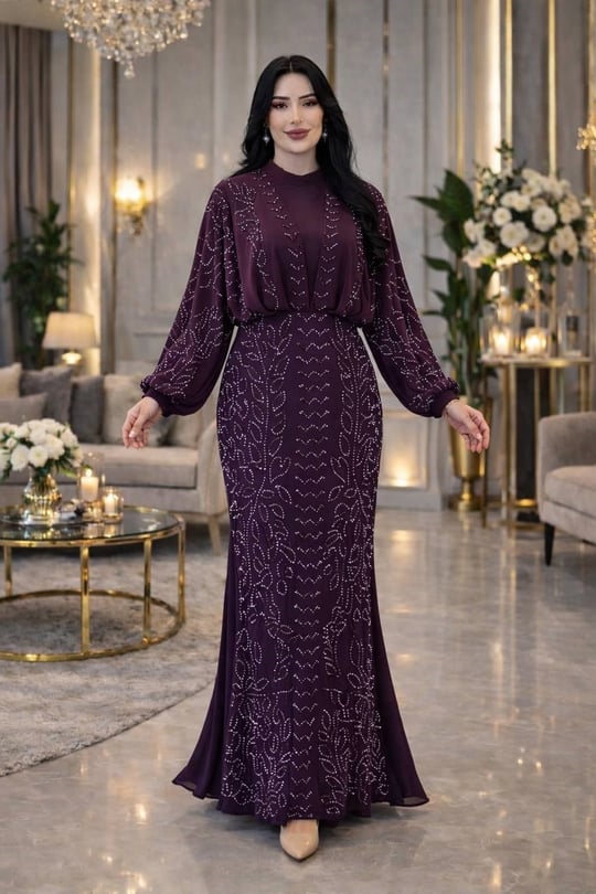 Gömlek Görünümlü Şifon İşlemeli Abiye 5367 T-26 Mürdüm