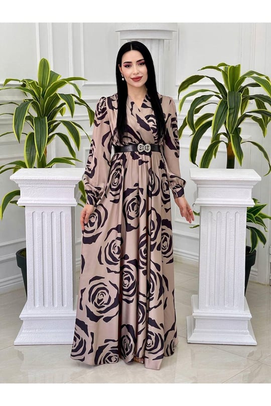 Gül Desen Saten Elbise 4016-Vizon