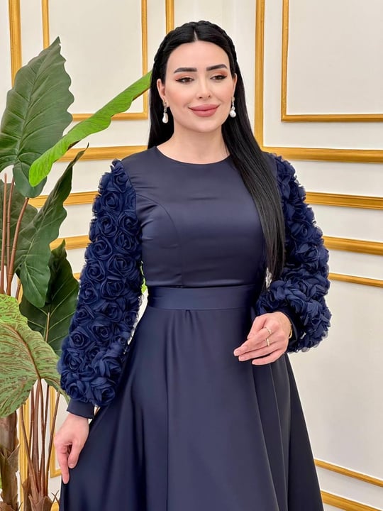 Gül Detay Saten Elbise 4661 T-25 Lacivert