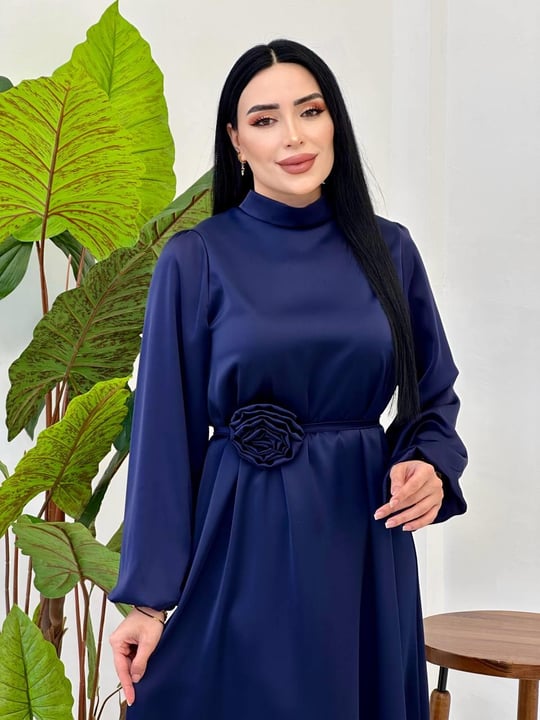 Gül Kemer Saten Elbise 4658 Lacivert