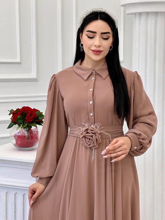 Gül Kemerli Şifon Elbise 1535 t-24 Vizon