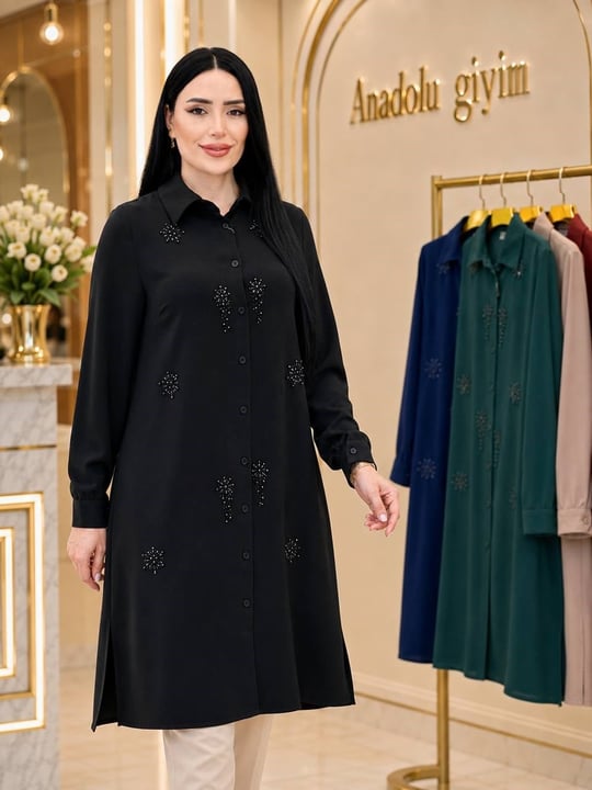 Güneş Taş İşleme Polo Tunik 1182 T-26 Siyah