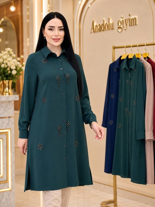 Güneş Taş İşleme Polo Tunik 1182 T-26 Zümrüt Yeşil