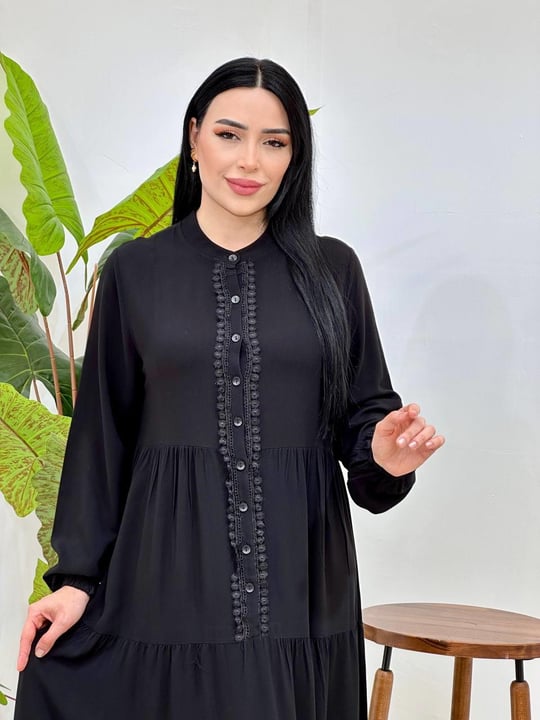 Güpür Detay Düğmeli Elbise 4423 T-25 Siyah