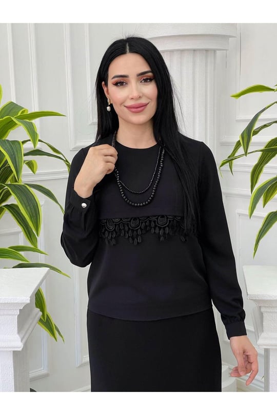 Güpür Detay Gömlek 6567-Siyah