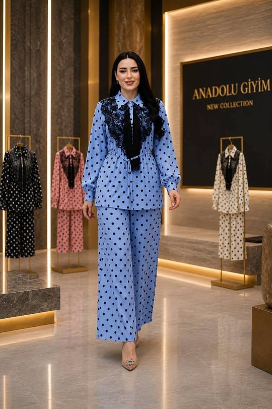 Güpür Yaka Pantolonlu Puantiye Takım 1846 T-26 Mavi