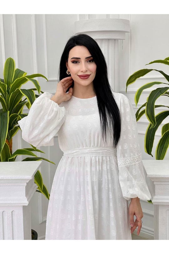 Halka Desen Balon Kol Elbise 1265-Beyaz