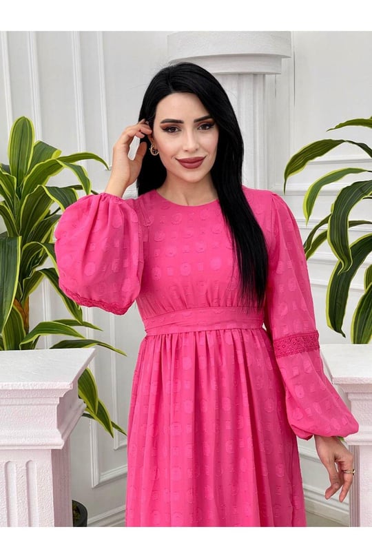 Halka Desen Balon Kol Elbise 1265-pembe