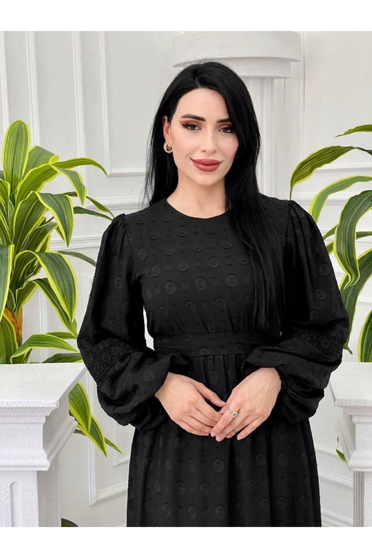 Halka Desen Balon Kol Elbise 1265-Siyah